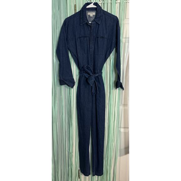 GUESS Long Sleeve Dark Denim Jumpsuit, Pockets, Tie Waist, Collar, XS - Picture 1 of 7